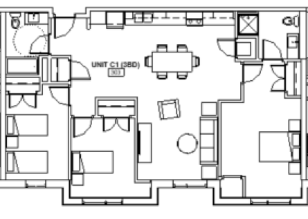 Floor plan for 3 beds, 2 baths, 1190 sqft